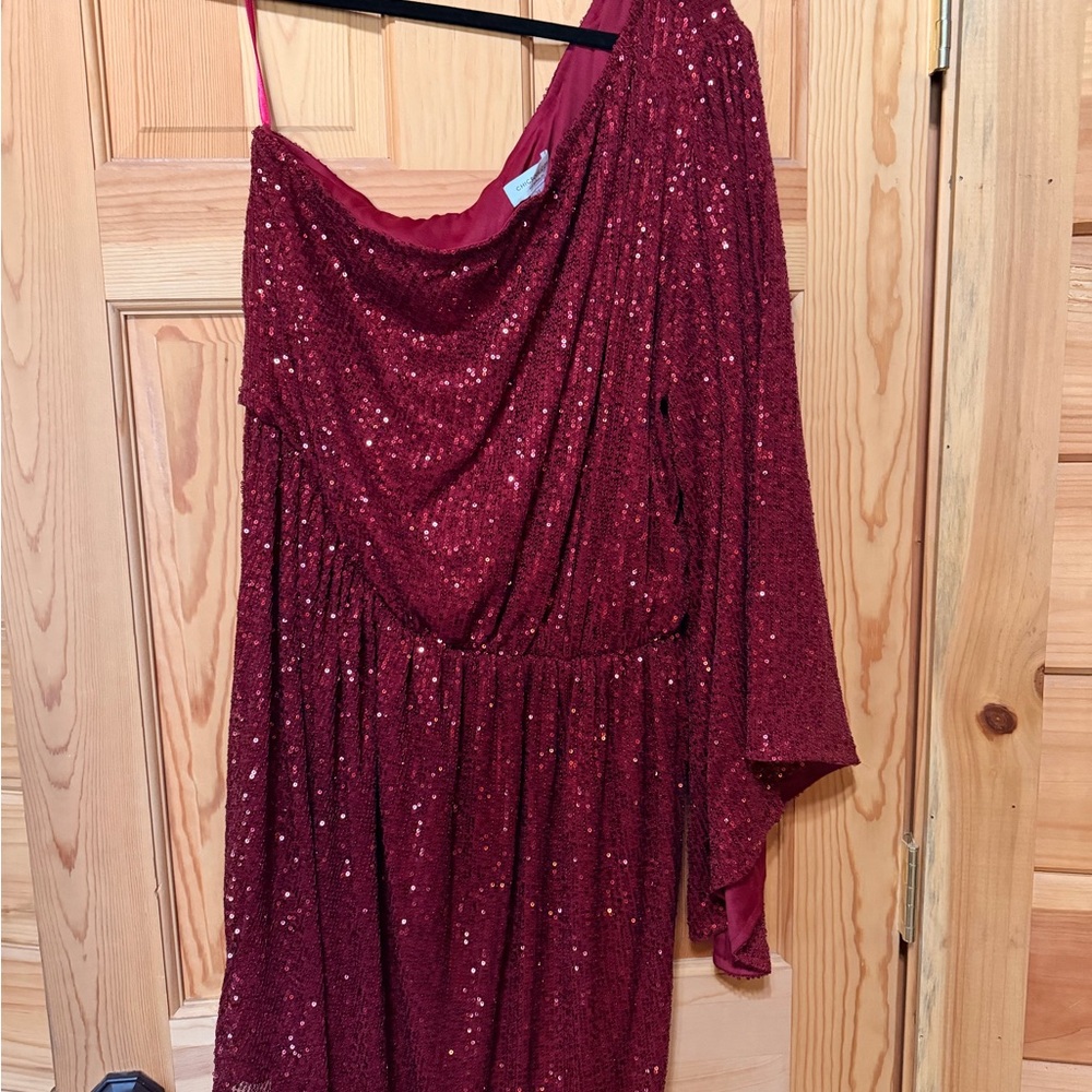 Chic Soul One-Shoulder Sequin Dress in Deep Wine